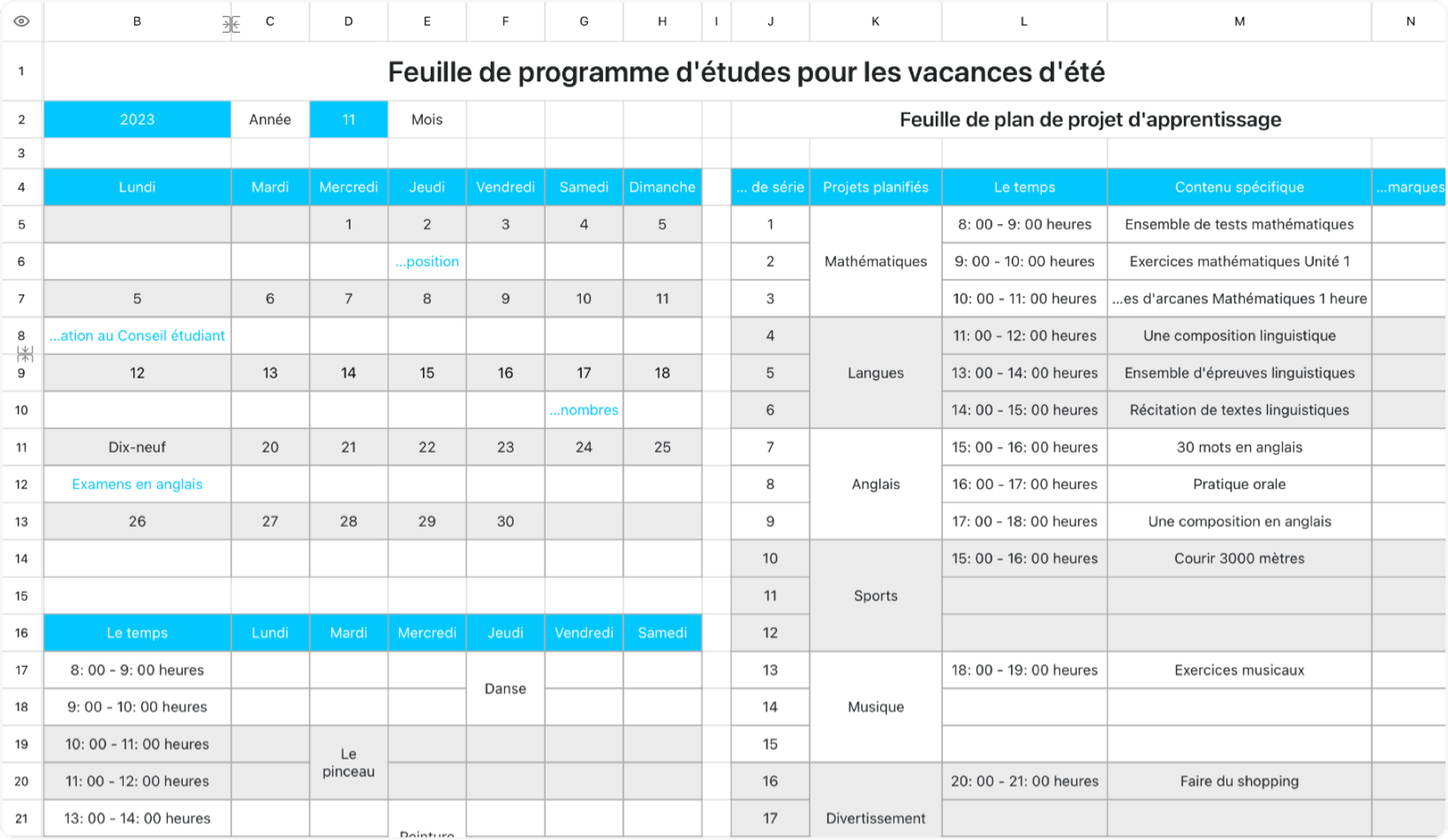 Programme d'études pour les vacances d'été tableau 2